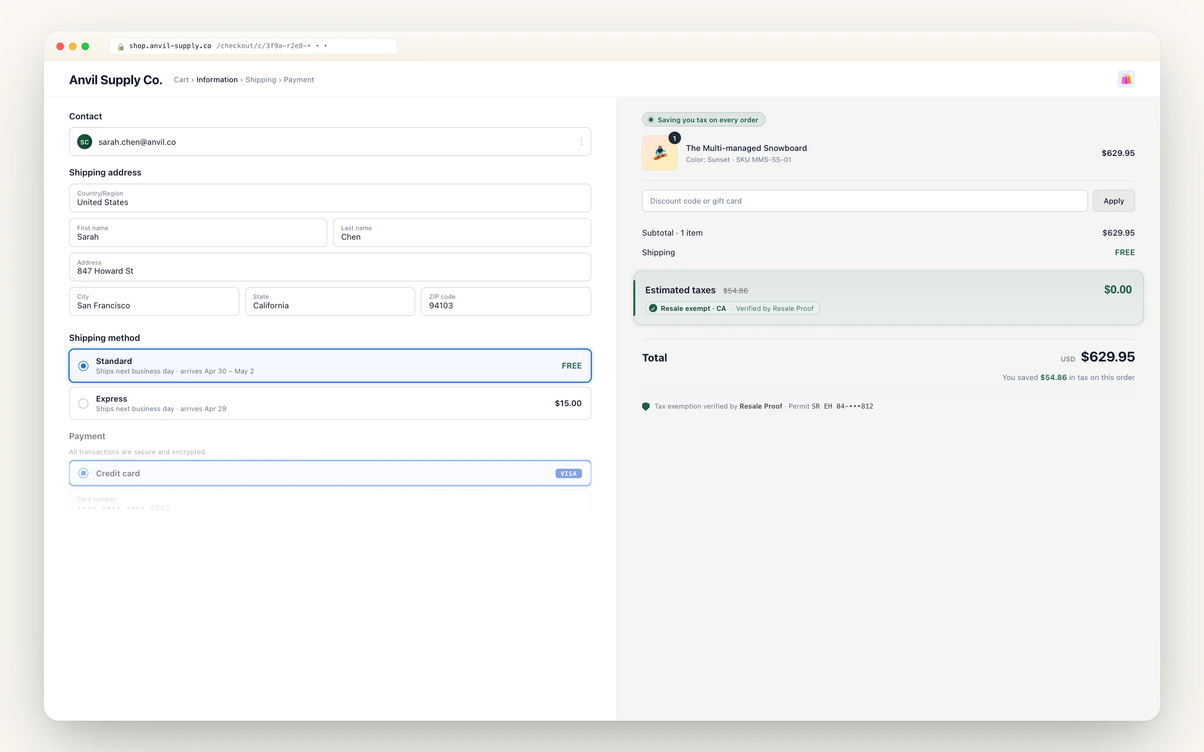 Shopify storefront checkout for an approved California reseller — order summary shows Estimated taxes $0.00 with a 'Resale exempt · CA · Verified by Resale Proof' annotation, dramatizing the $54.06 sales tax skipped automatically at checkout