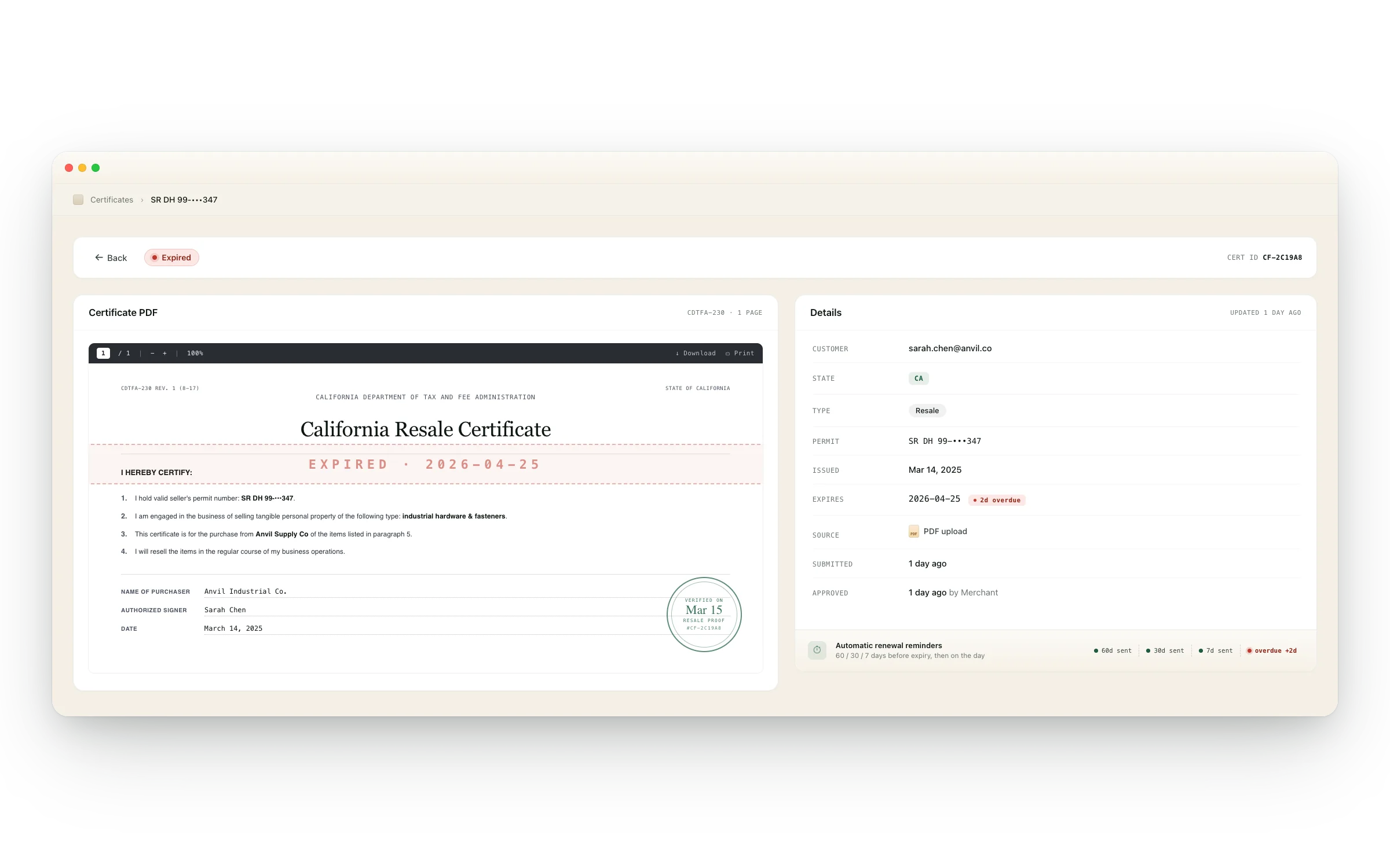Expired California resale certificate detail — PDF preview alongside metadata showing days overdue