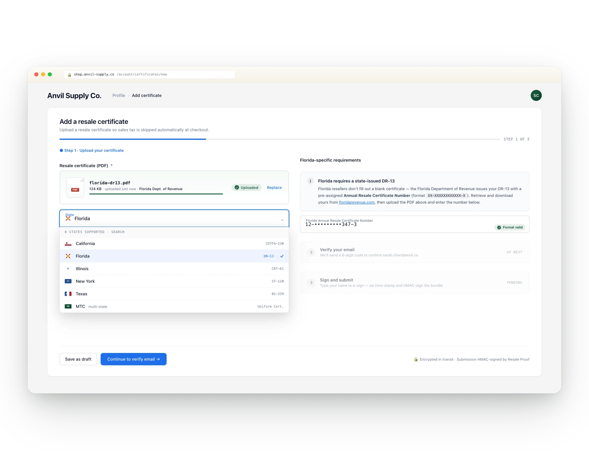 Customer-facing 'Add a resale certificate' wizard with the state picker open showing California, Florida, Illinois, New York, Texas, and MTC — Florida selected with state-specific DR-13 guidance and Annual Resale Certificate Number field