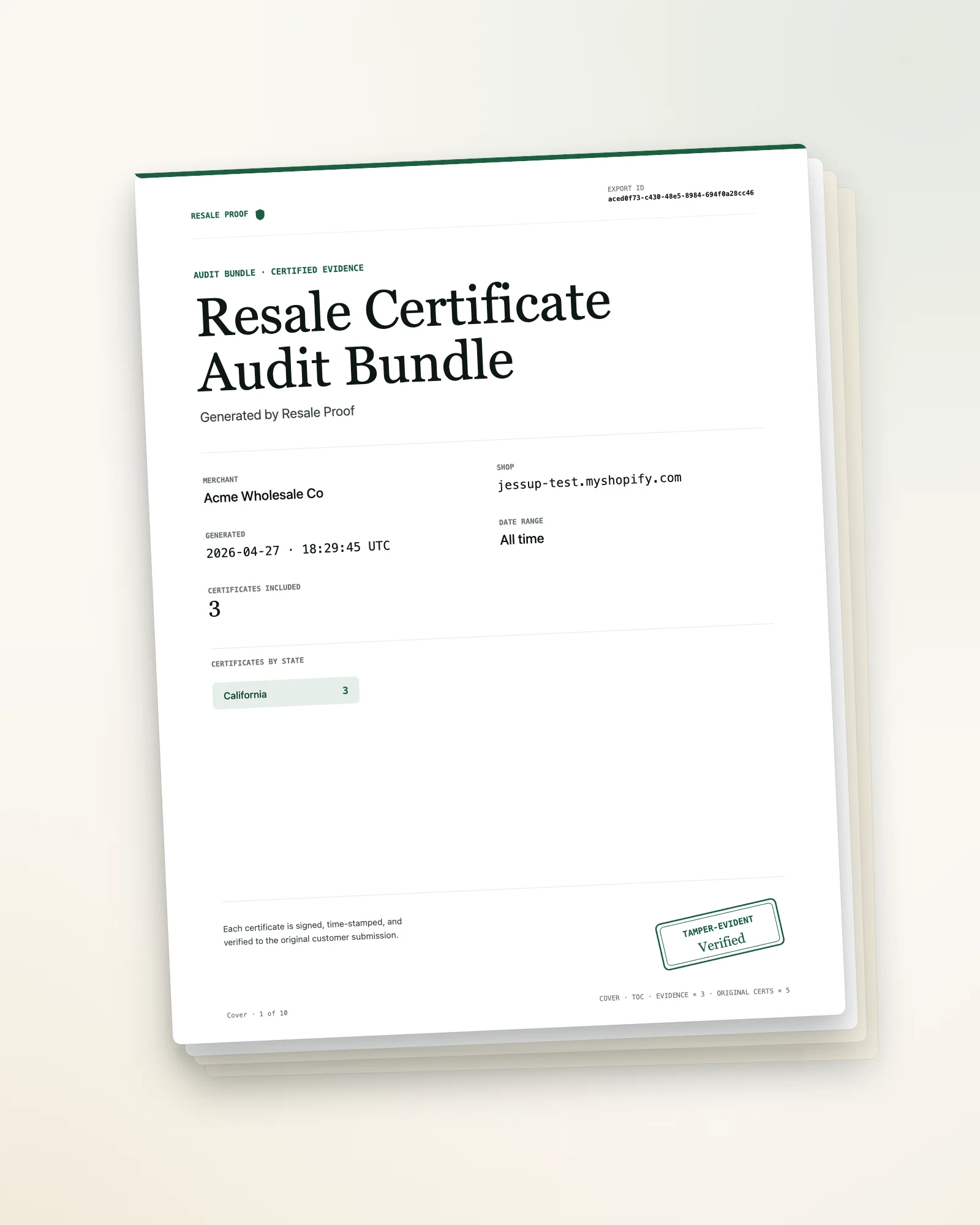 Resale Proof audit-bundle PDF cover sheet, generated from approved certificates