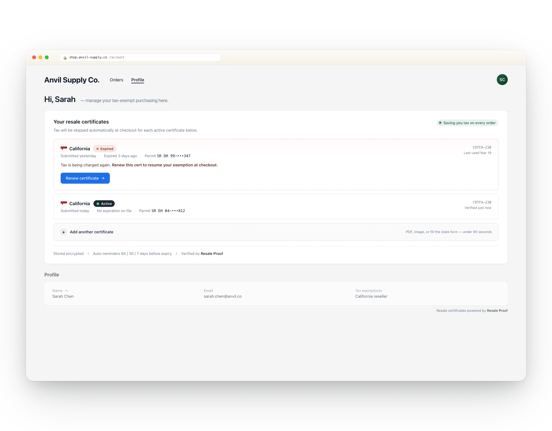 Customer-facing storefront portal — buyer manages active and expired California resale certificates inside their Shopify account