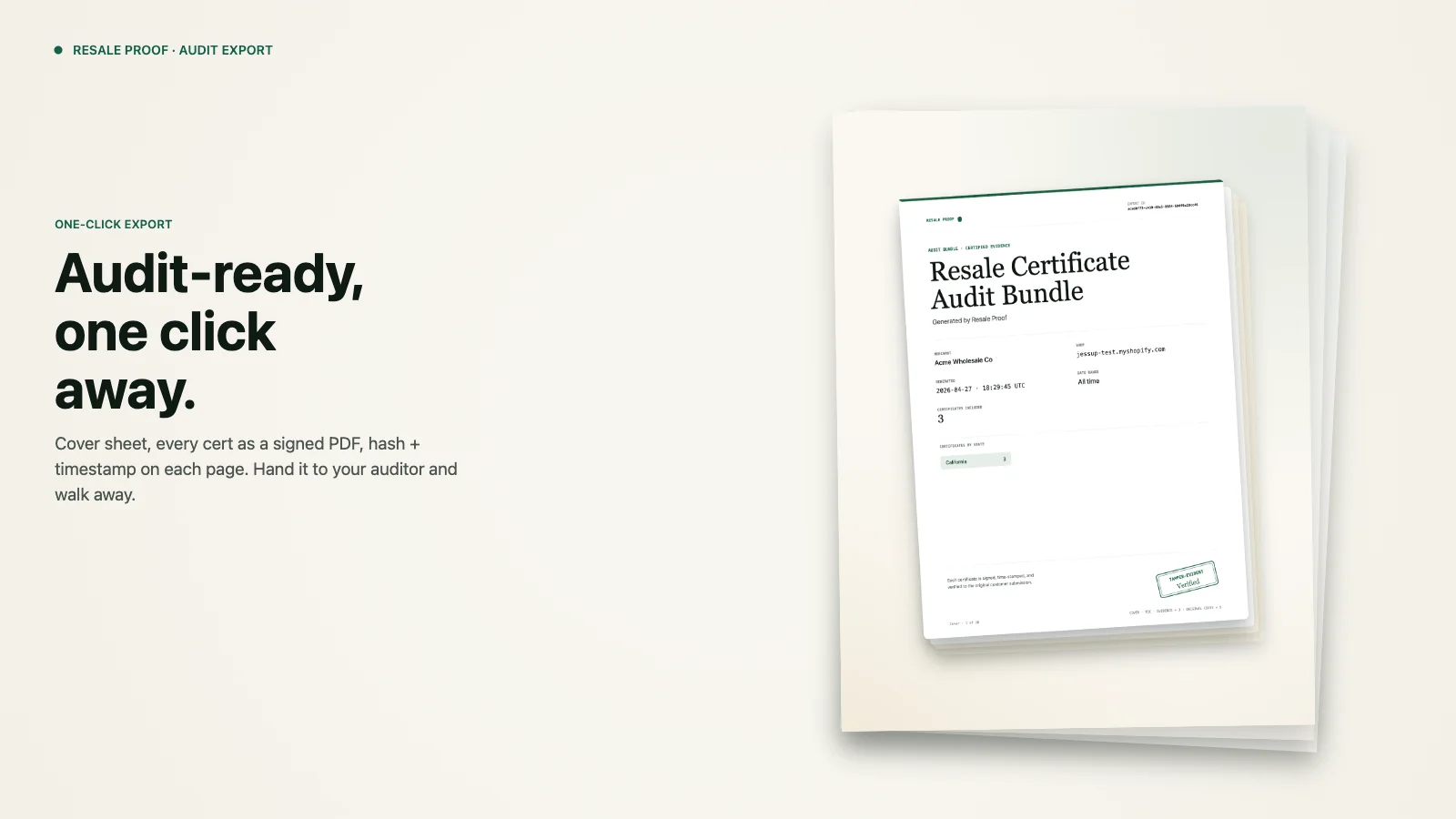 Audit-bundle PDF stack — every approved certificate compiled into a single auditor-ready document with cover sheet, hash, and timestamp on each page