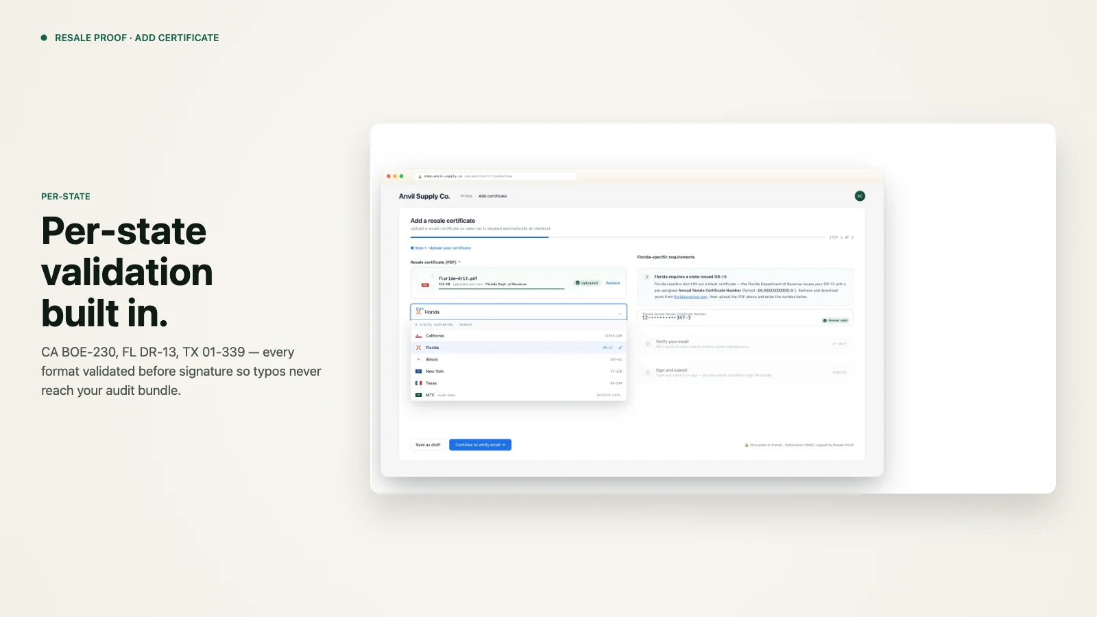 Add-a-resale-certificate wizard with state picker open — California, Florida, Illinois, New York, Texas, MTC — and Florida selected with state-specific DR-13 guidance
