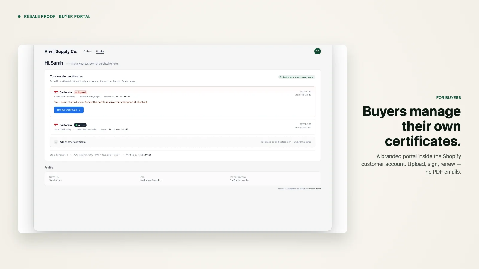 Customer-facing buyer portal inside the Shopify customer account — list of active and expired California resale certificates with renew controls